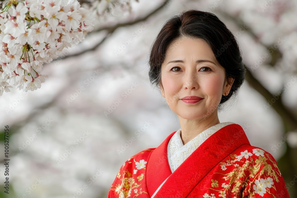 Woman in Red Kimono with Cherry Blossoms in the Background Woman in Red Kimono with Cherry Blossoms in the Background
