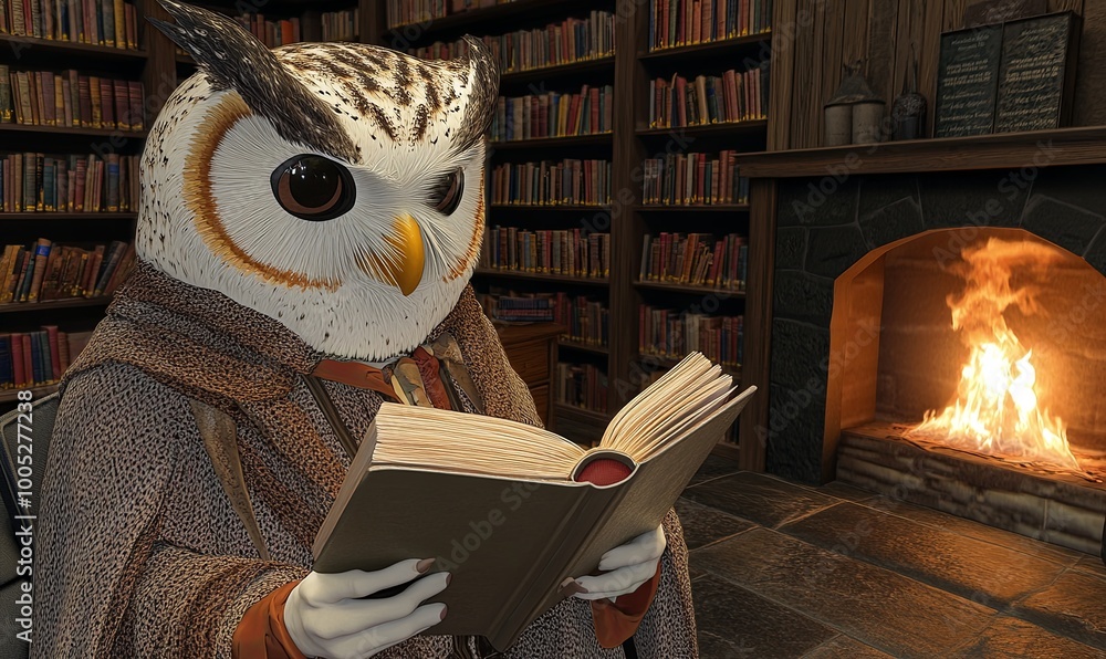 A wise owl wearing a brown robe sits in a cozy library, reading a book by a roaring fireplace. A wise owl wearing a brown robe sits in a cozy library, reading a book by a roaring fireplace.