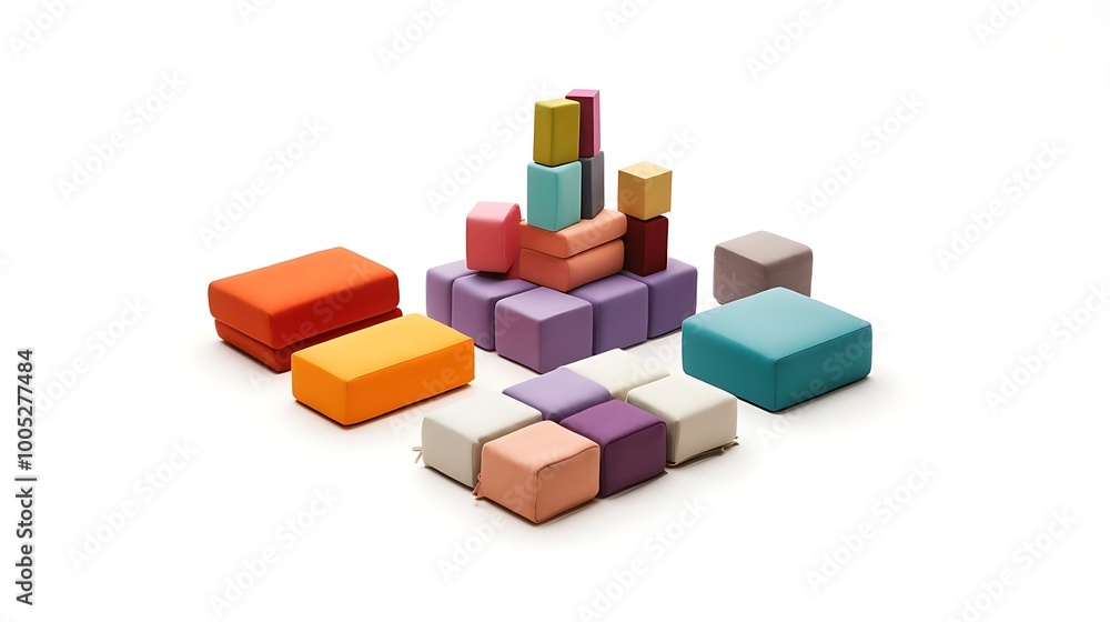 Colorful modular cushions arranged in playful stacks and clusters. Colorful modular cushions arranged in playful stacks and clusters.