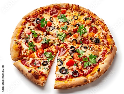 A delicious pizza topped with various ingredients, showcasing a slice cut out.