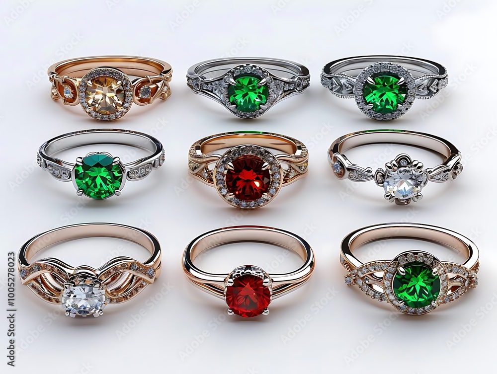 A collection of elegant rings featuring various gemstones and intricate designs. A collection of elegant rings featuring various gemstones and intricate designs.
