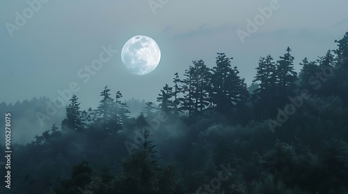 Serene view of a full moon rising over a misty forest in the night.