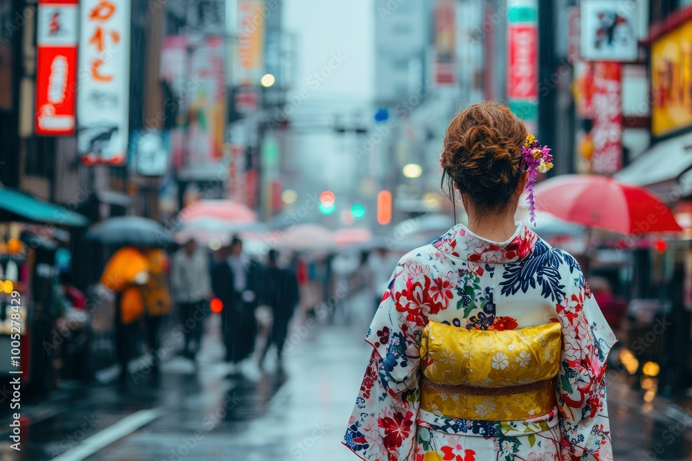 Woman in a Floral Kimono Walking Through a Rainy Japanese Street Woman in a Floral Kimono Walking Through a Rainy Japanese Street