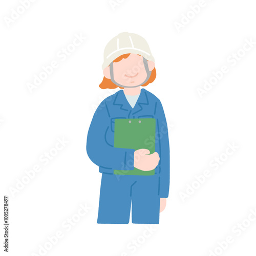 クリップボードを持ち上を見あげるヘルメットをかぶった作業服の女性のフラットなイラスト
