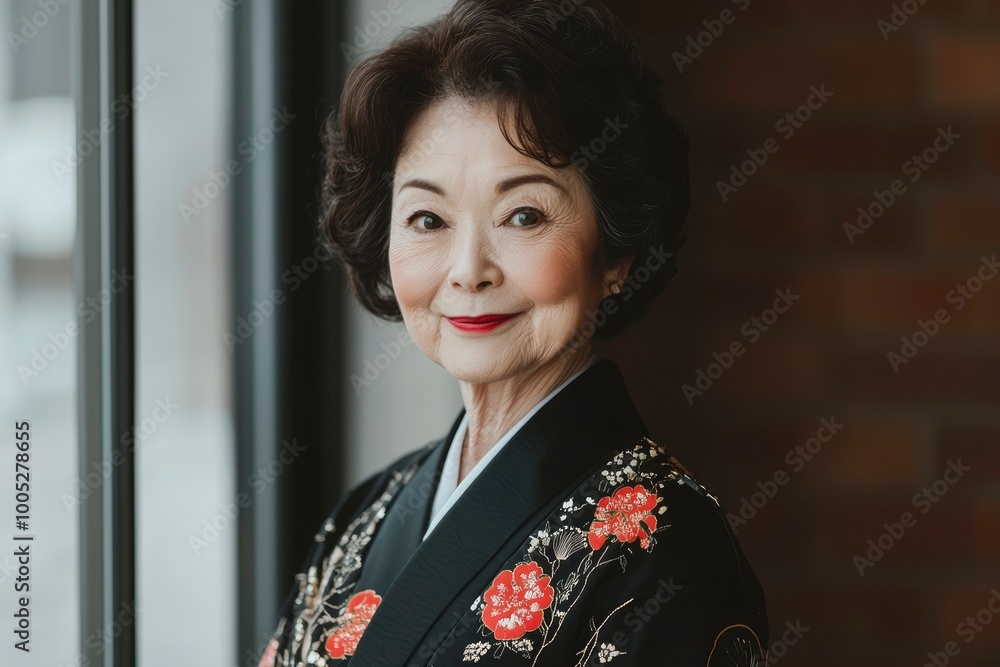 Portrait of a smiling Japanese woman wearing a traditional black kimono with red floral patterns Portrait of a smiling Japanese woman wearing a traditional black kimono with red floral patterns