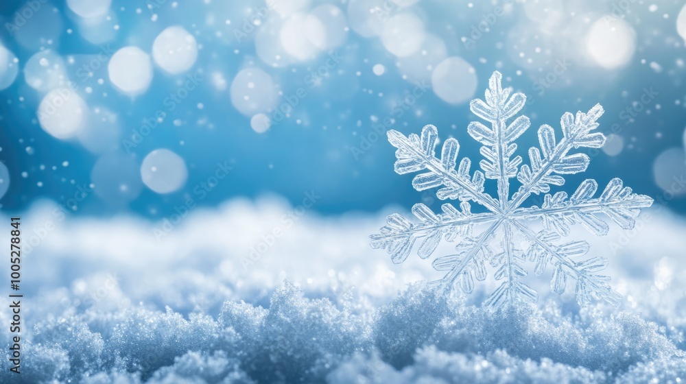 Snowflake in the snow on blue background. Seasonal winter image with copy space Snowflake in the snow on blue background. Seasonal winter image with copy space