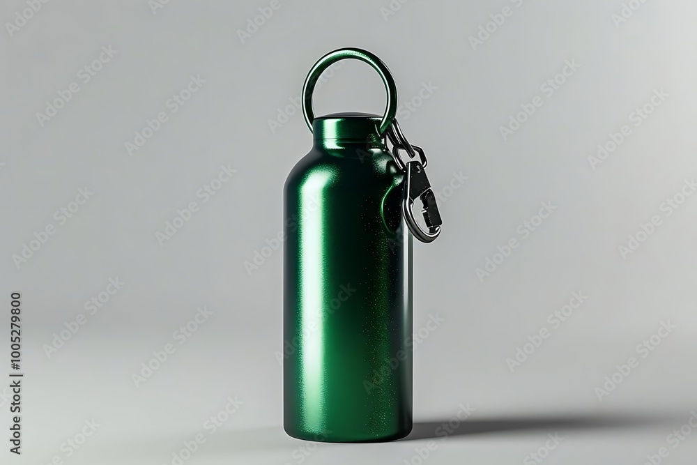 A shiny green water bottle with a keychain lock, designed for hydration on the go. A shiny green water bottle with a keychain lock, designed for hydration on the go.