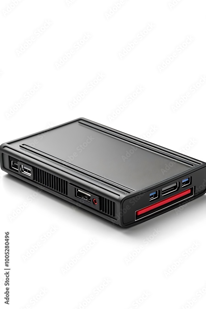 Fototapeta premium A compact external storage device with various ports for connectivity.