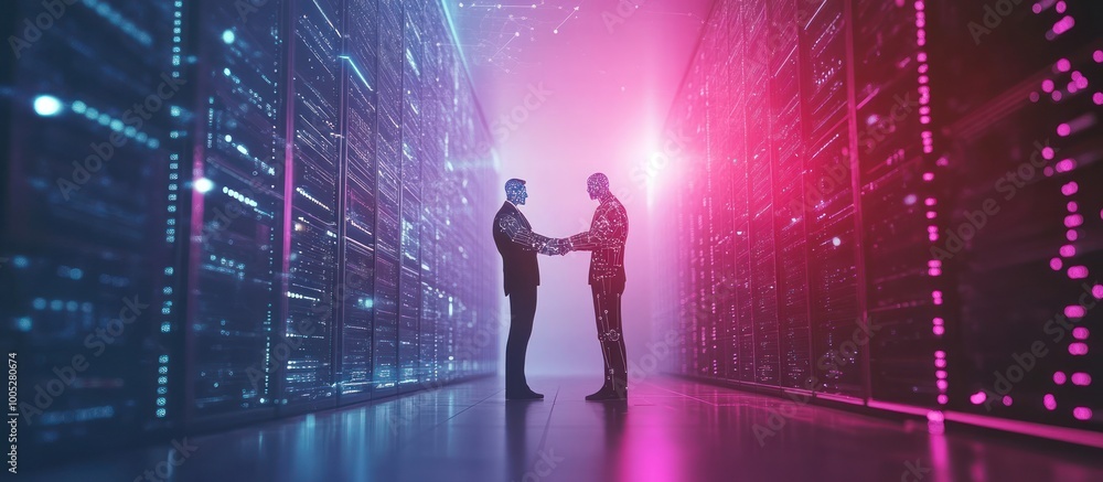 Two businessmen shaking hands in a server room with glowing lights. Two businessmen shaking hands in a server room with glowing lights.