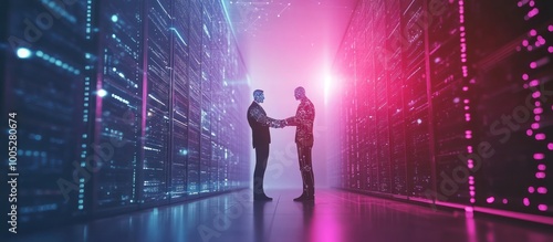 Two businessmen shaking hands in a server room with glowing lights.