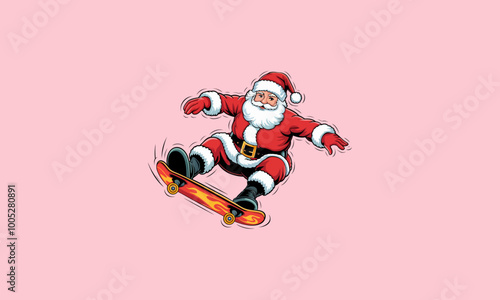 Santa Claus skateboarding in mid air action.