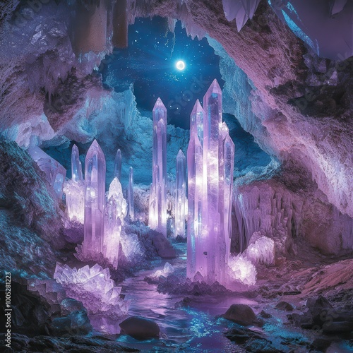 Enchanted Underground Crystal Cave with Stunning Purple Gemstones Illuminated by Moonlight in a Mystical Fantasy Setting