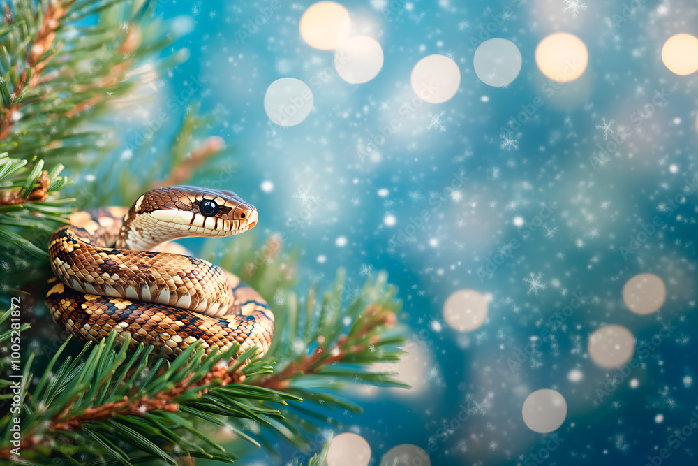 Fototapeta premium 2025. Christmas Snake on christmas tree, Snowy blue Background. Festive. New year symbol 