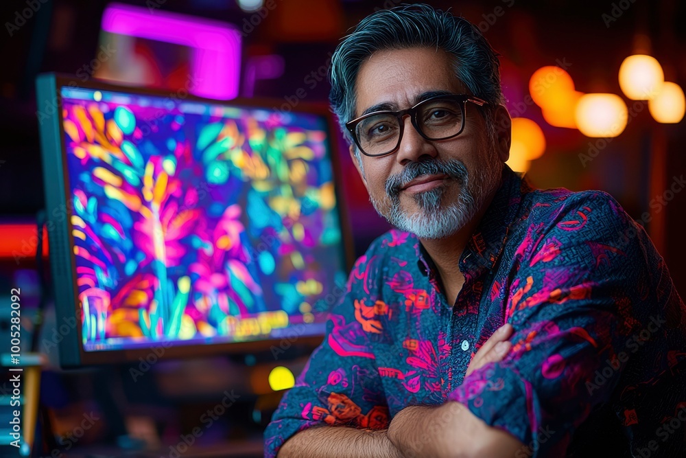 Portrait of a Smiling Man with a White Beard in a Neon-Lit Room Portrait of a Smiling Man with a White Beard in a Neon-Lit Room