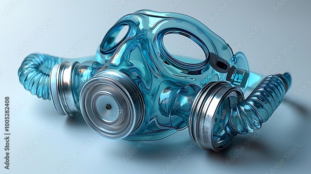 A transparent blue gas mask designed for protection against hazardous substances. A transparent blue gas mask designed for protection against hazardous substances.
