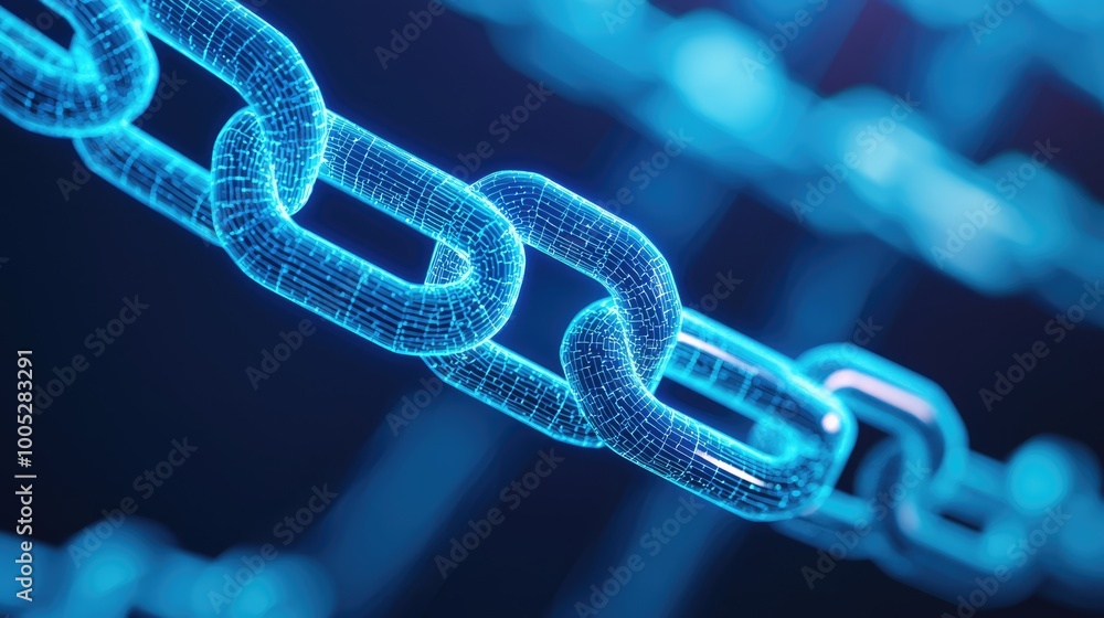 A close-up view of a futuristic digital chain, showcasing interconnected links that glow in a blue neon light against a dark background. A close-up view of a futuristic digital chain, showcasing interconnected links that glow in a blue neon light against a dark background.