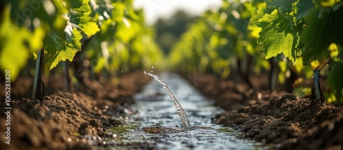 Water flows through a furrow in a vineyard with green grapevines on either side.