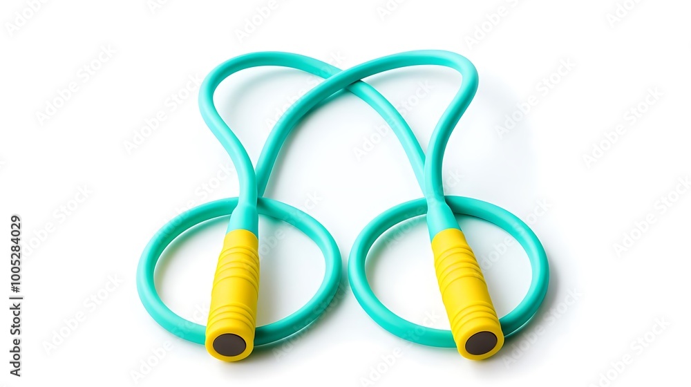 Two turquoise jump ropes with yellow handles crossed over each other. Two turquoise jump ropes with yellow handles crossed over each other.