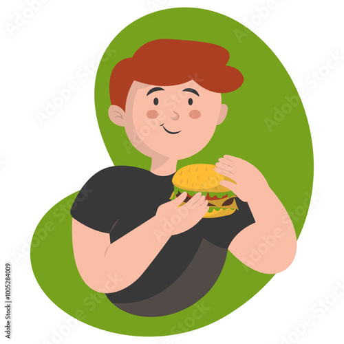 Person Eating Hamburger Illustration with Cute Cartoon Design and Shape. Isolated Vector Character