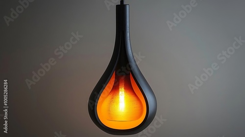 A modern pendant light with a teardrop shape and warm orange glow. photo