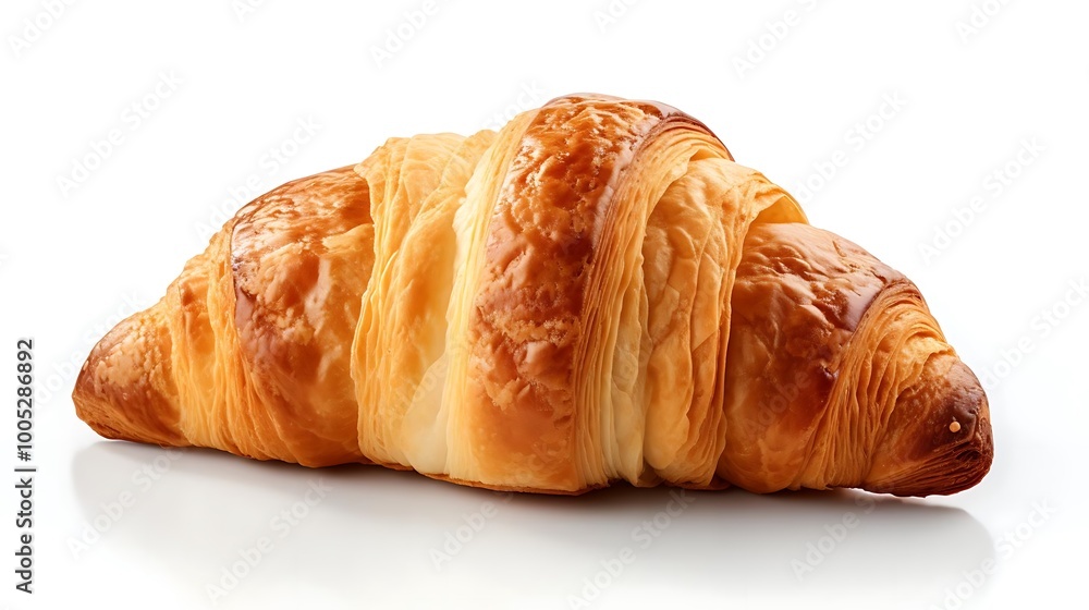 A freshly baked croissant with a golden-brown crust and flaky layers. A freshly baked croissant with a golden-brown crust and flaky layers.