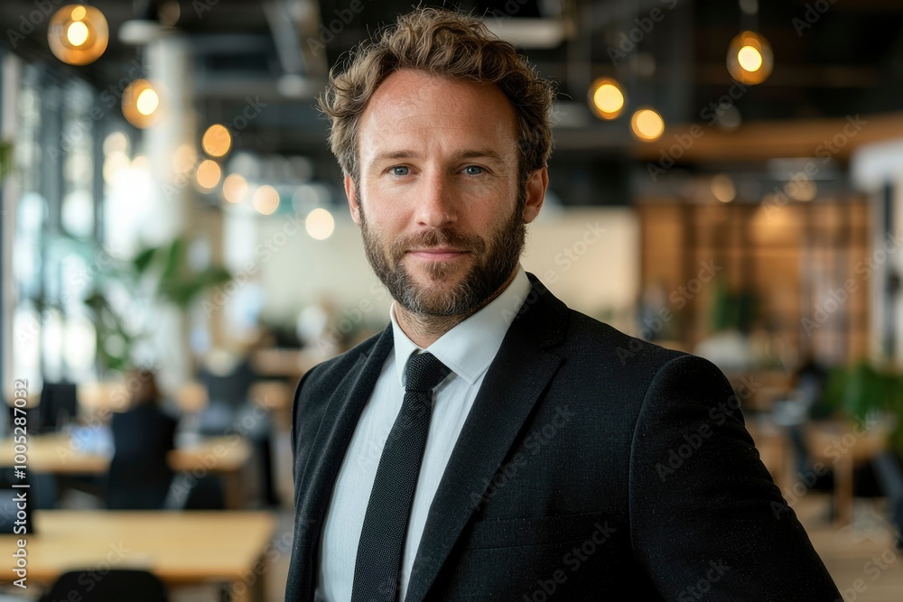 Fototapeta premium Portrait of a Man in a Black Suit and Tie in an Office Setting