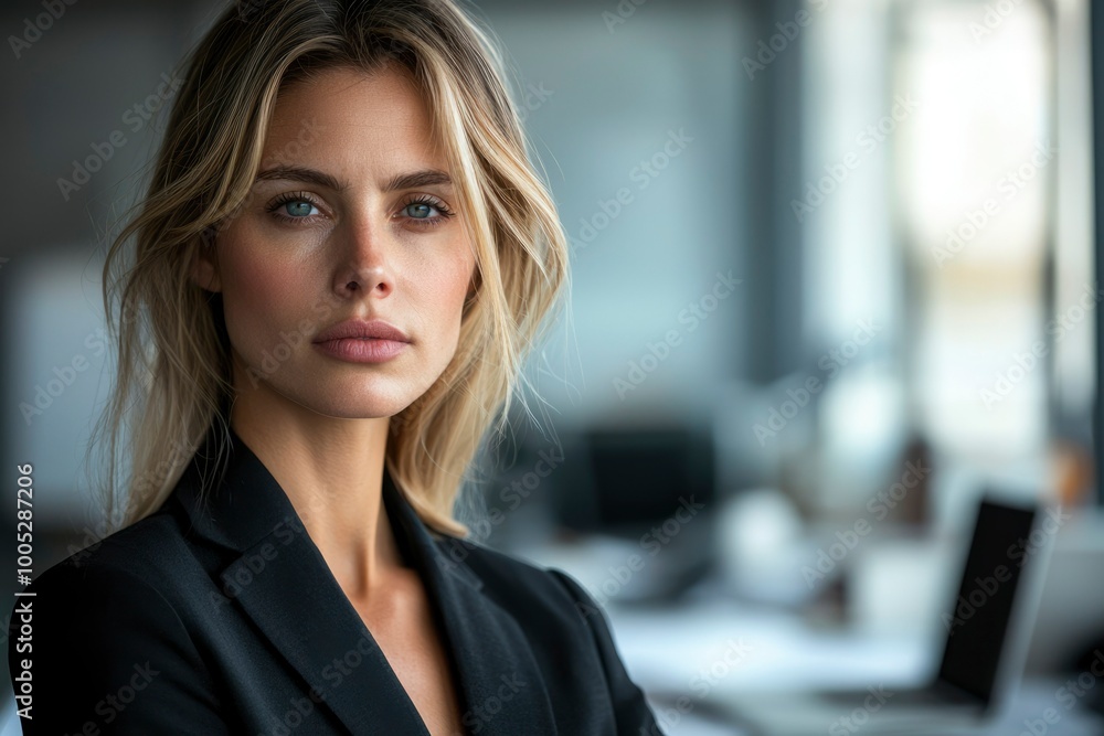 A Blonde Woman in a Black Blazer Poses in an Office Setting A Blonde Woman in a Black Blazer Poses in an Office Setting