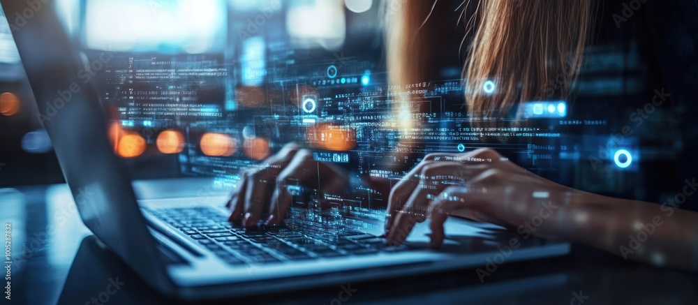 Woman's hands typing on a laptop keyboard with digital code and data surrounding her. Woman's hands typing on a laptop keyboard with digital code and data surrounding her.