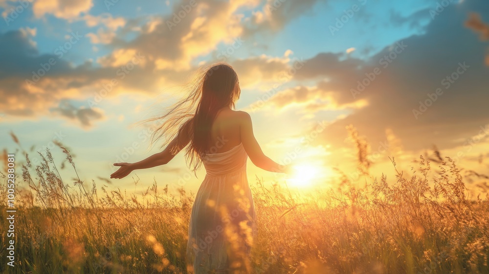 A young woman stands in a field at sunrise back view, her arms spread wide, feeling the warmth of the morning sun, surrounded by tall grass swaying gently in the breeze. A young woman stands in a field at sunrise back view, her arms spread wide, feeling the warmth of the morning sun, surrounded by tall grass swaying gently in the breeze.