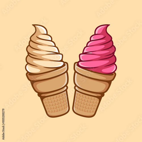 two ice cream vanilla and strawberry hand drawn coloring cartoon illustration design