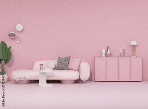 Pink sofa, decoration home against pink wall. Memphis postmodern style interior design of modern living room. 3d render