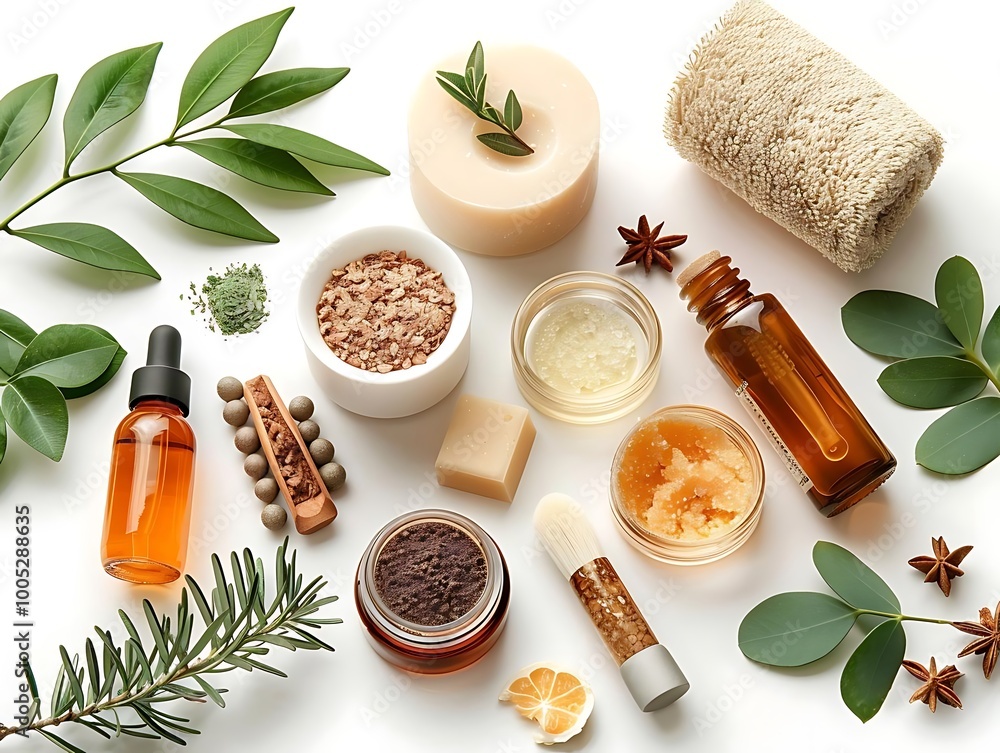 A collection of natural skincare products and ingredients arranged aesthetically. A collection of natural skincare products and ingredients arranged aesthetically.