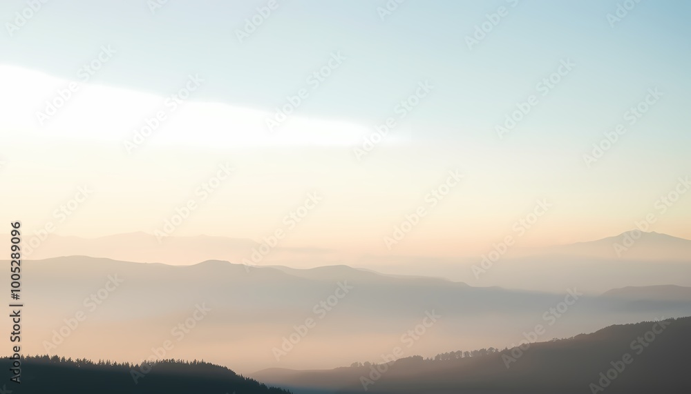 Fototapeta premium Misty Watercolor Mountains at Dawn Soft Pastel Sky and Mountain Layers