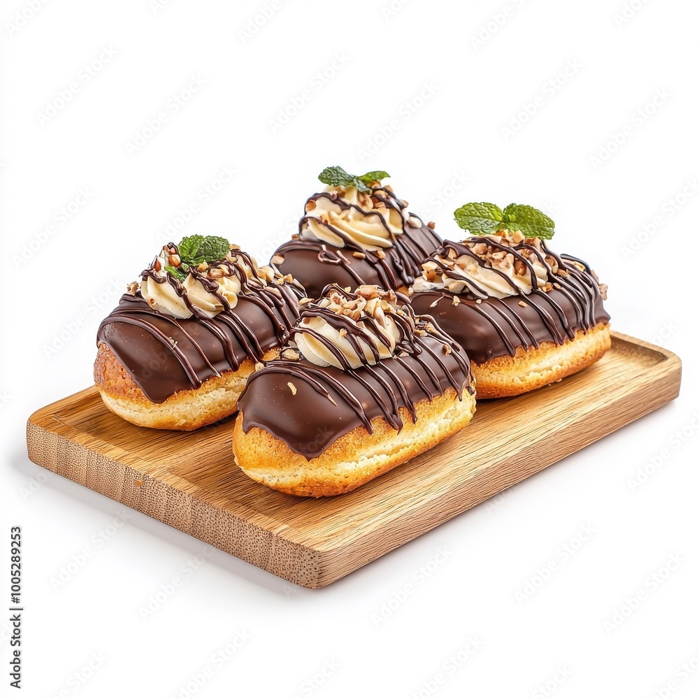 Chocolate éclair on a wooden tray, isolated on a white background, rustic and inviting. Chocolate éclair on a wooden tray, isolated on a white background, rustic and inviting.