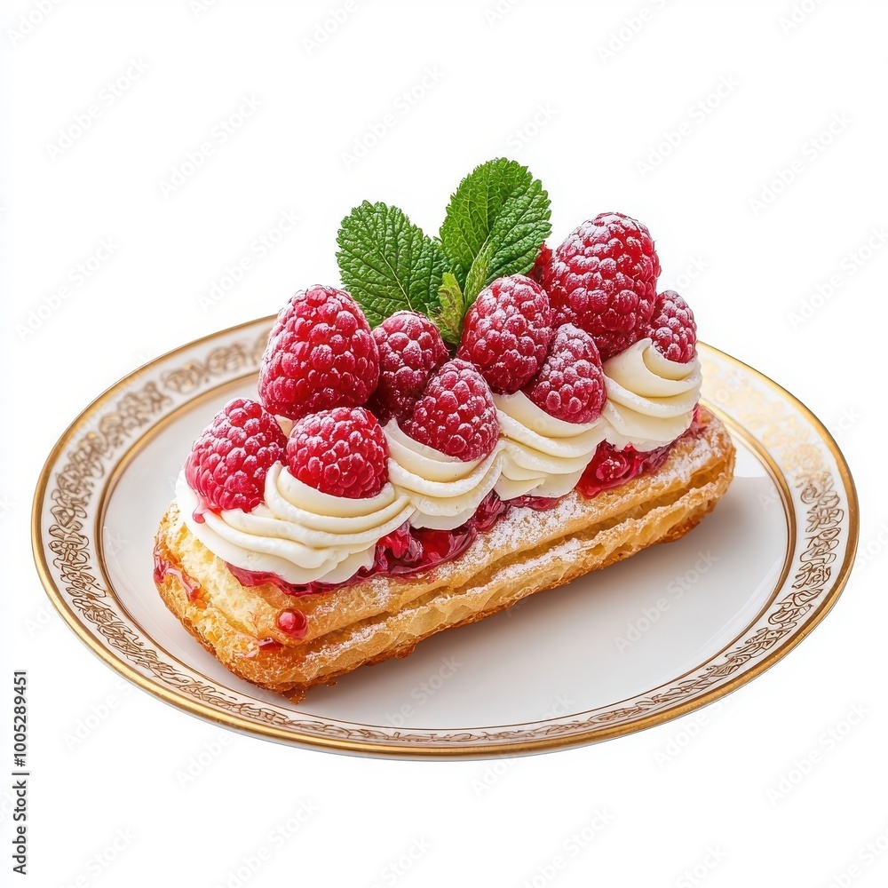 Raspberry éclair on a plate, isolated on a white background, neatly arranged for a perfect display. Raspberry éclair on a plate, isolated on a white background, neatly arranged for a perfect display.