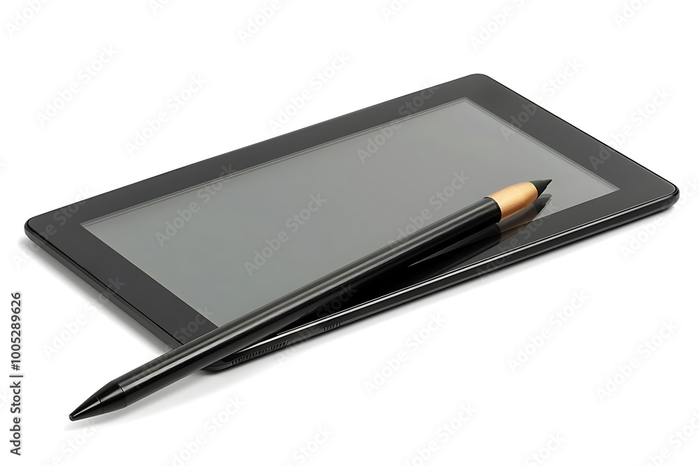 A digital tablet with a stylus, used for drawing or graphic design. A digital tablet with a stylus, used for drawing or graphic design.