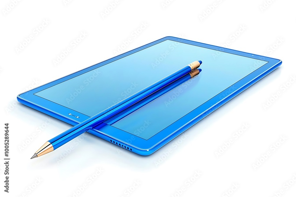 A blue tablet with two blue pencils on a white background. A blue tablet with two blue pencils on a white background.