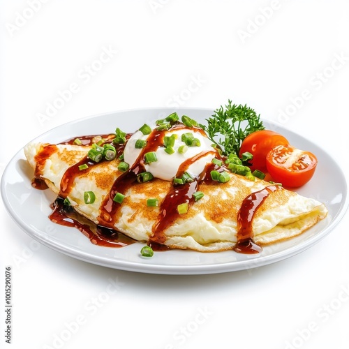 Oozing sauce over an omelet, isolated on white background, visually rich and enticing for food lovers.