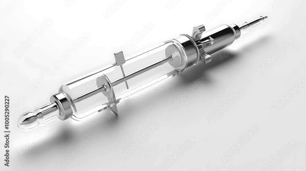 A transparent syringe-like device with a metallic structure, likely for medical or scientific use. A transparent syringe-like device with a metallic structure, likely for medical or scientific use.