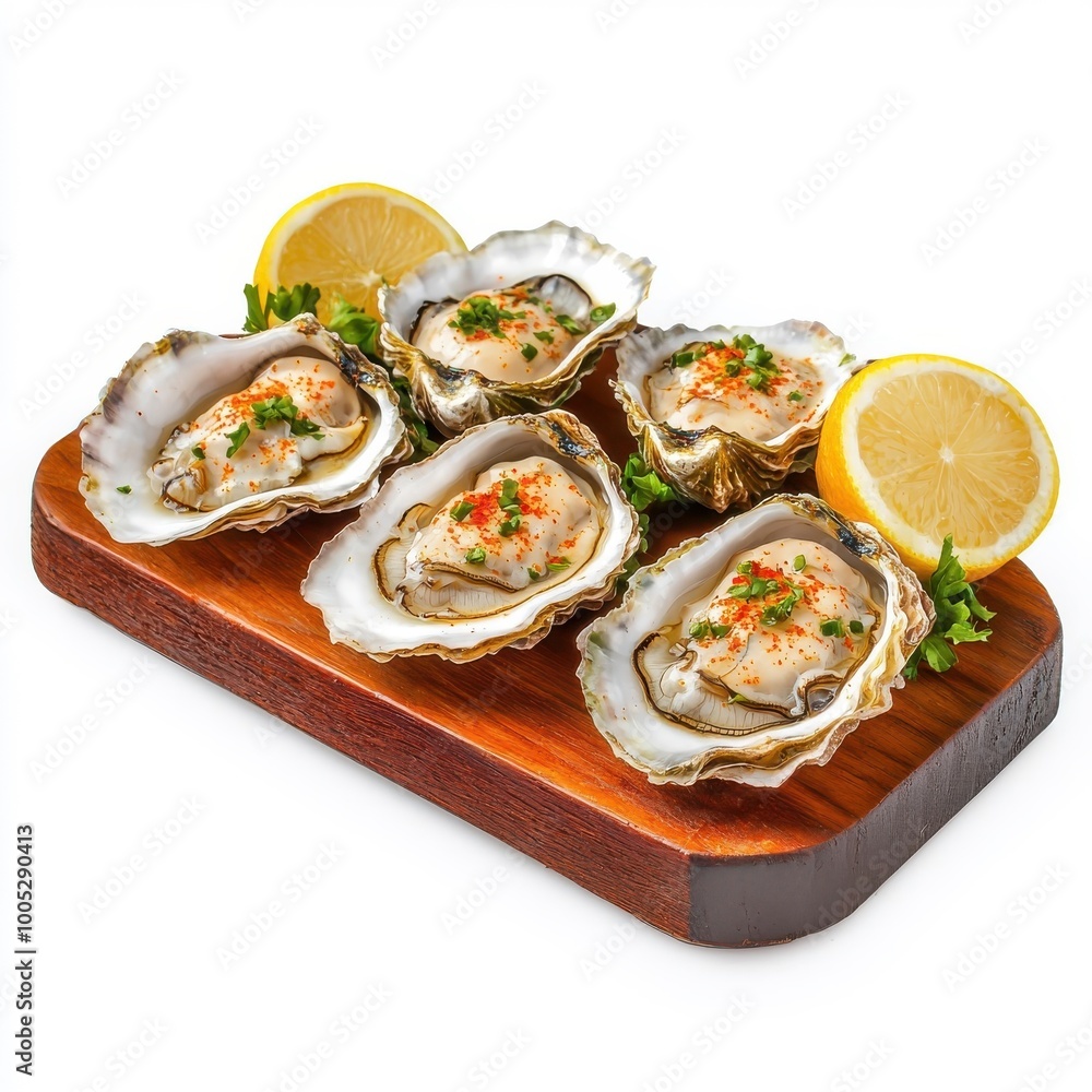 Grilled oysters on a wooden tray, isolated on a white background, presented in a rustic style that adds a charming touch to the dish. Grilled oysters on a wooden tray, isolated on a white background, presented in a rustic style that adds a charming touch to the dish.