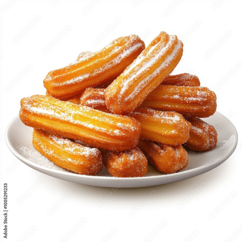 Churros arranged on a plate, isolated on a white background, dusted with sugar for an enticing and mouth-watering look. Churros arranged on a plate, isolated on a white background, dusted with sugar for an enticing and mouth-watering look.