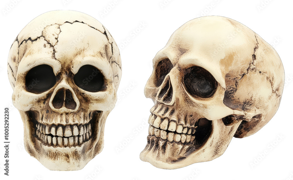 Obraz premium human skull bone with teeth jaw, front and side view, isolated on transparent PNG background