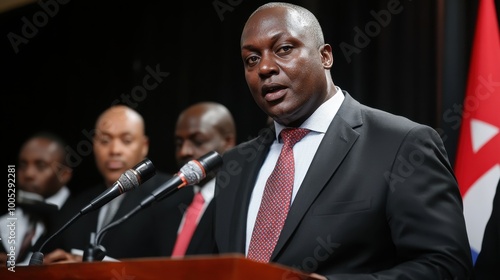 Black African American man in a suit and tie, standing at a podium with microphones, addressing the press