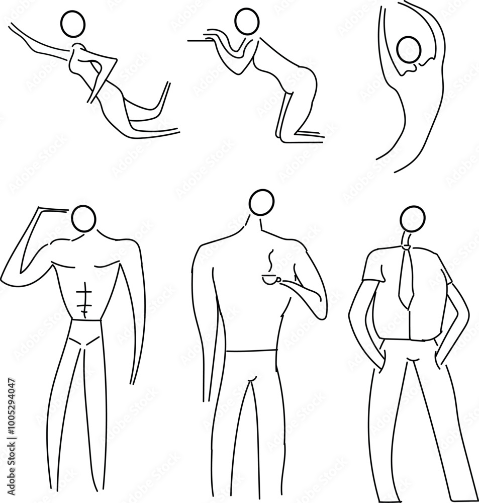 A set of icons or stickers in the form of people. All characters in different poses. A set of icons or stickers in the form of people. All characters in different poses.