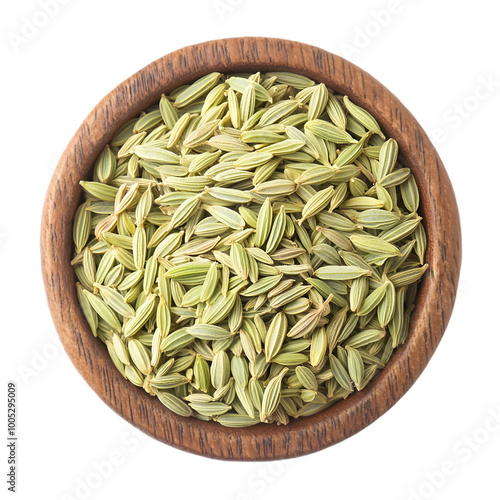 Wooden Bowl with Fennel Seeds on White Background