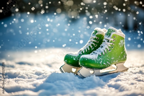 Charming scene of green ice skates resting on a snowy ground with snowflake covered background