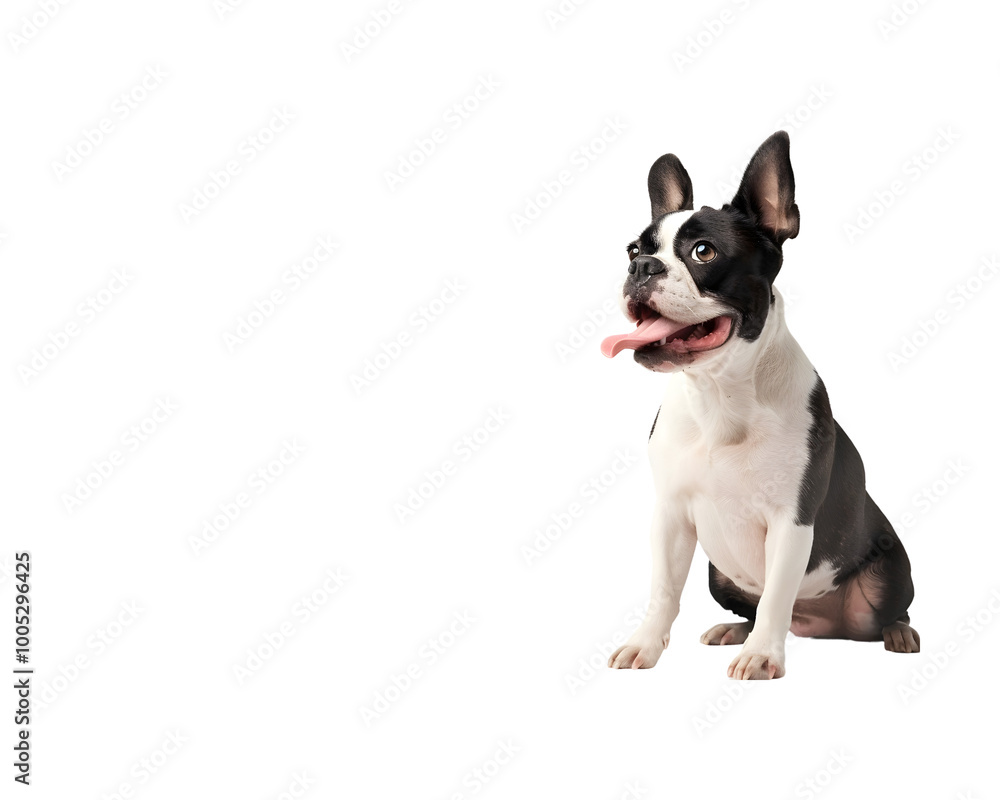 Boston terrier with a happy face and parched tongue posing on a light background. portrait. right side of the image Boston terrier with a happy face and parched tongue posing on a light background. portrait. right side of the image
