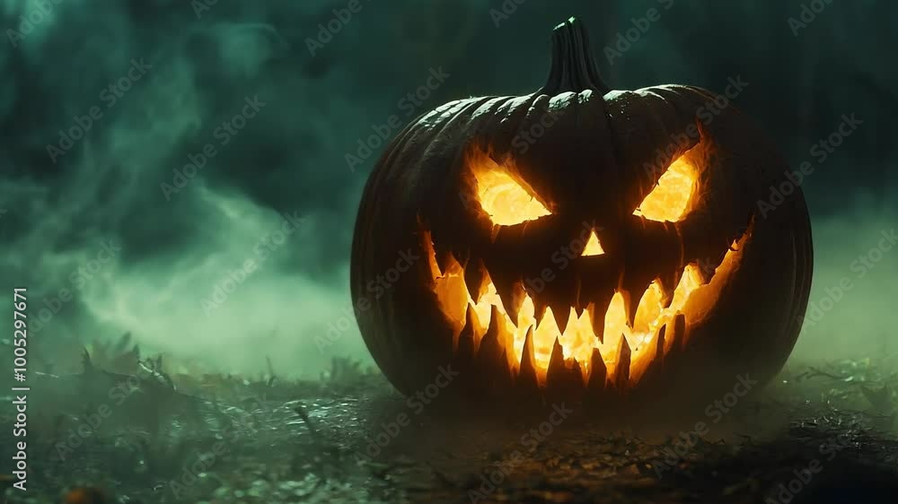 Spooky Jack-o'-Lantern in Foggy Forest with Glowing Eyes and Mouth Spooky Jack-o'-Lantern in Foggy Forest with Glowing Eyes and Mouth