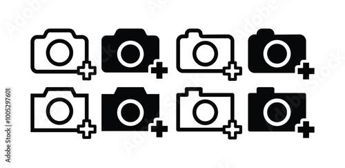 set of add picture photo camera plus icon vector design simple black white color illustration 