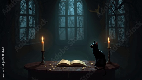 Black cat with candles and spellbook in dark room